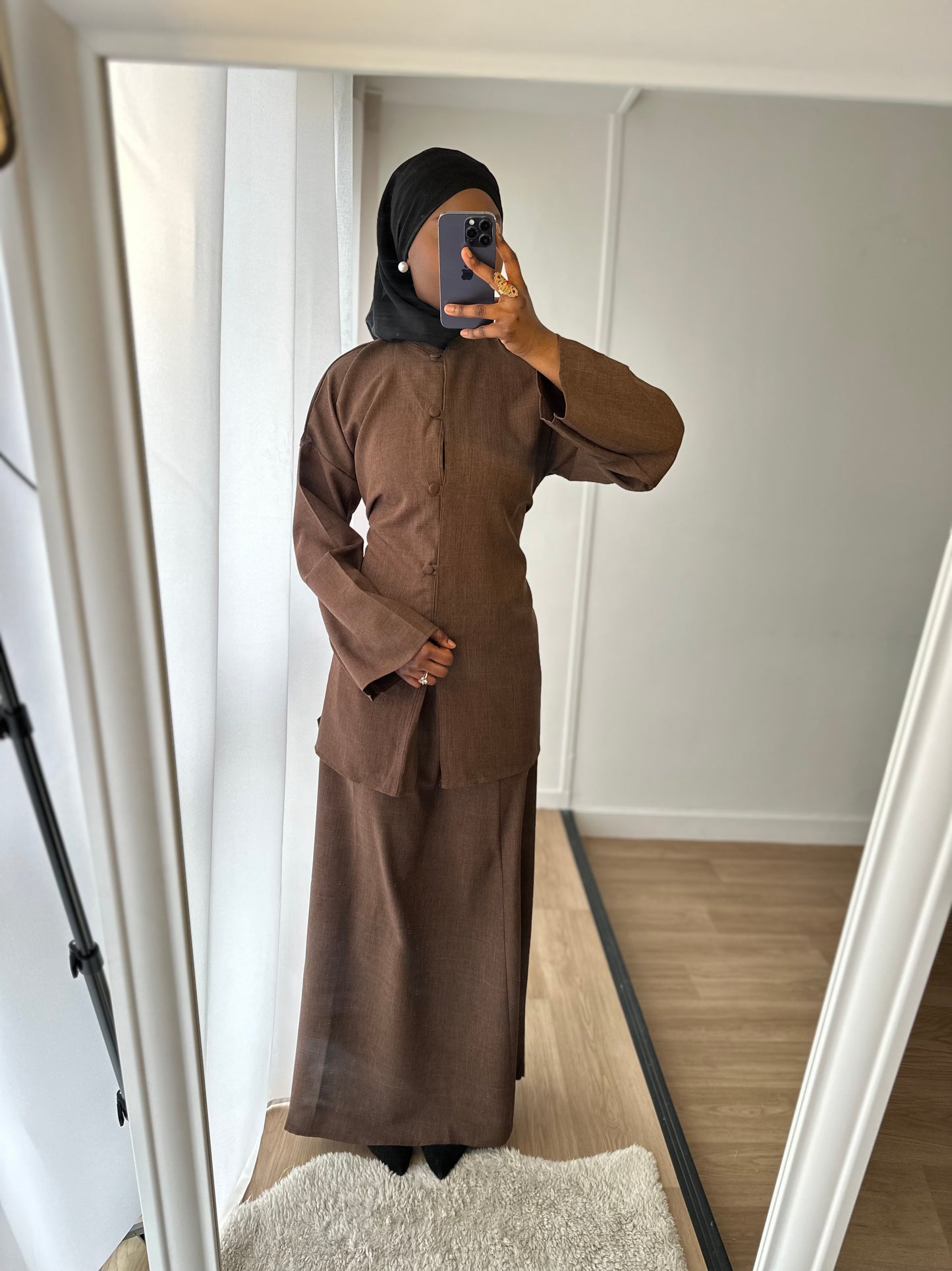Ensemble Osaka effet lin à bouton jupe marron