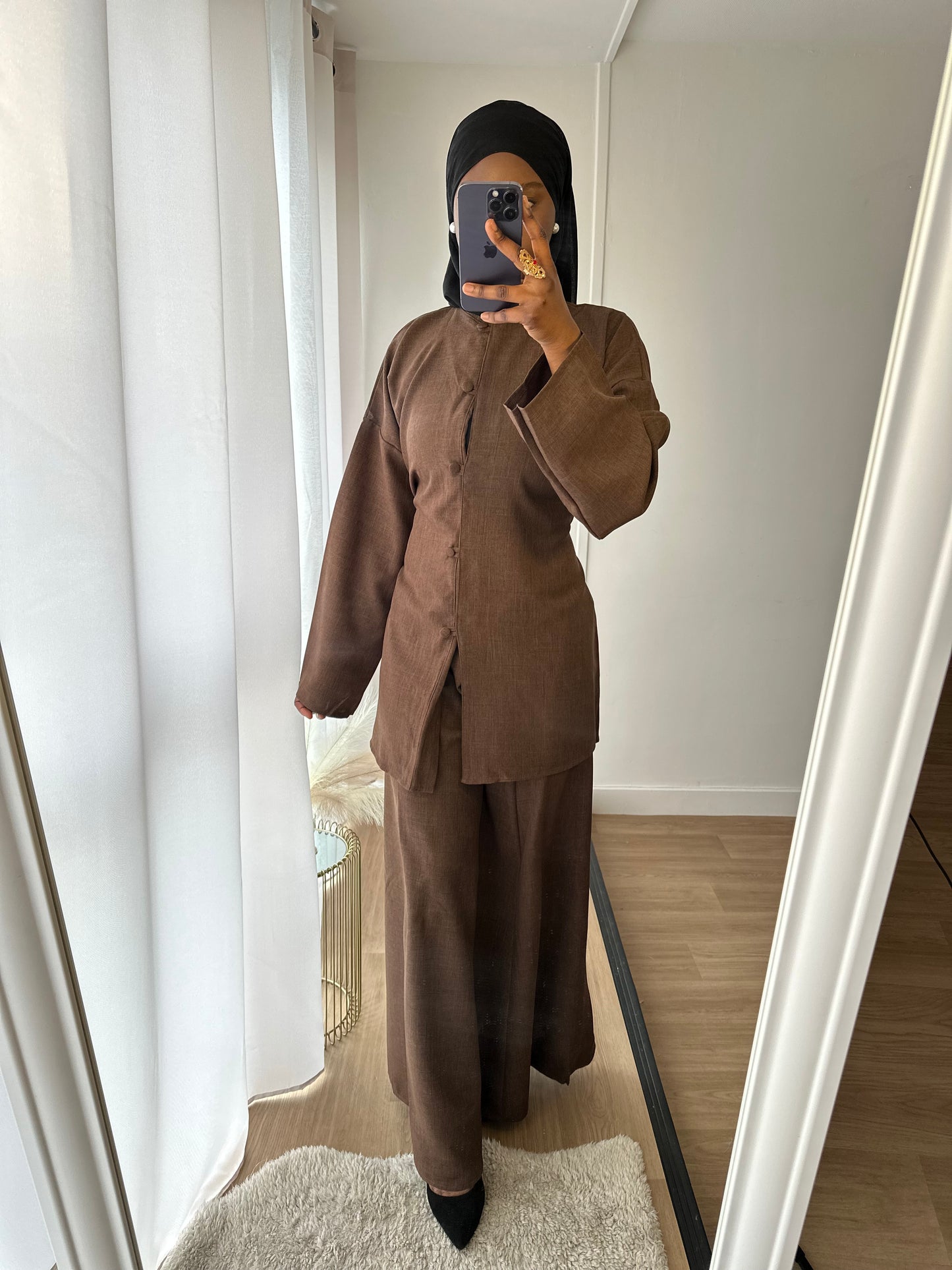 Ensemble Osaka effet lin à bouton jupe marron