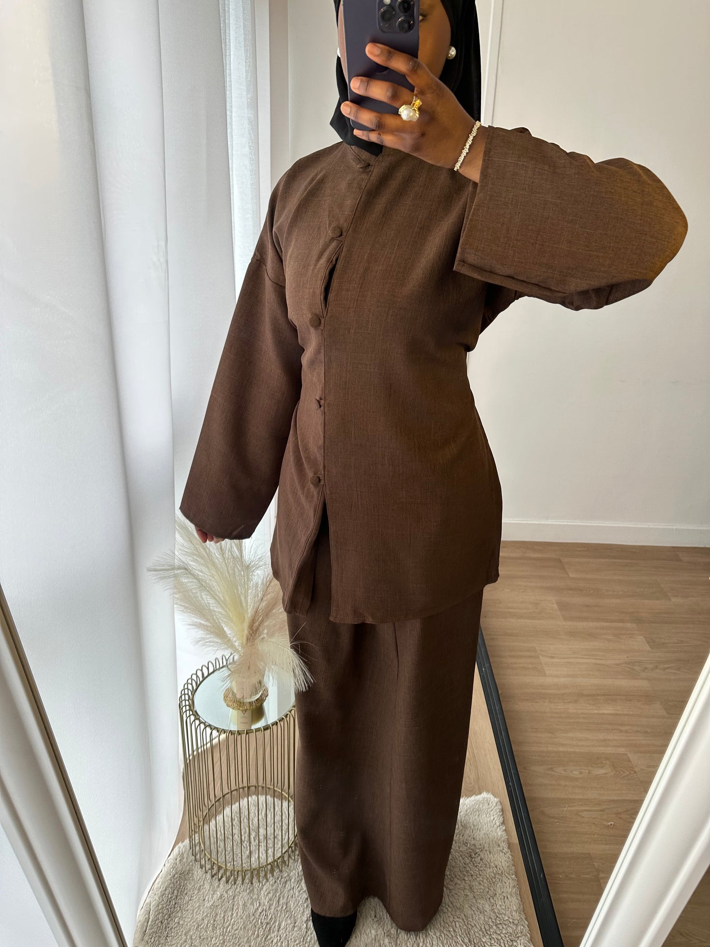 Ensemble Osaka effet lin à bouton jupe marron
