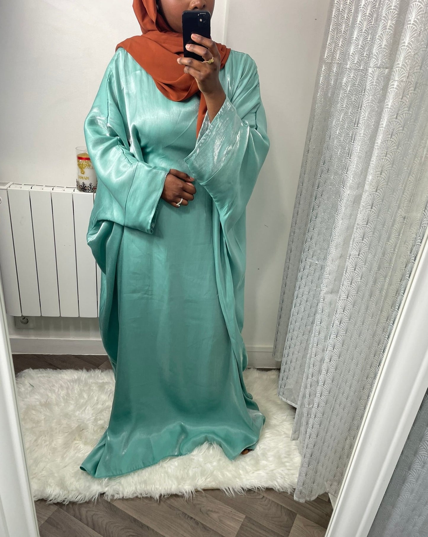 abaya satin irisée turquoise