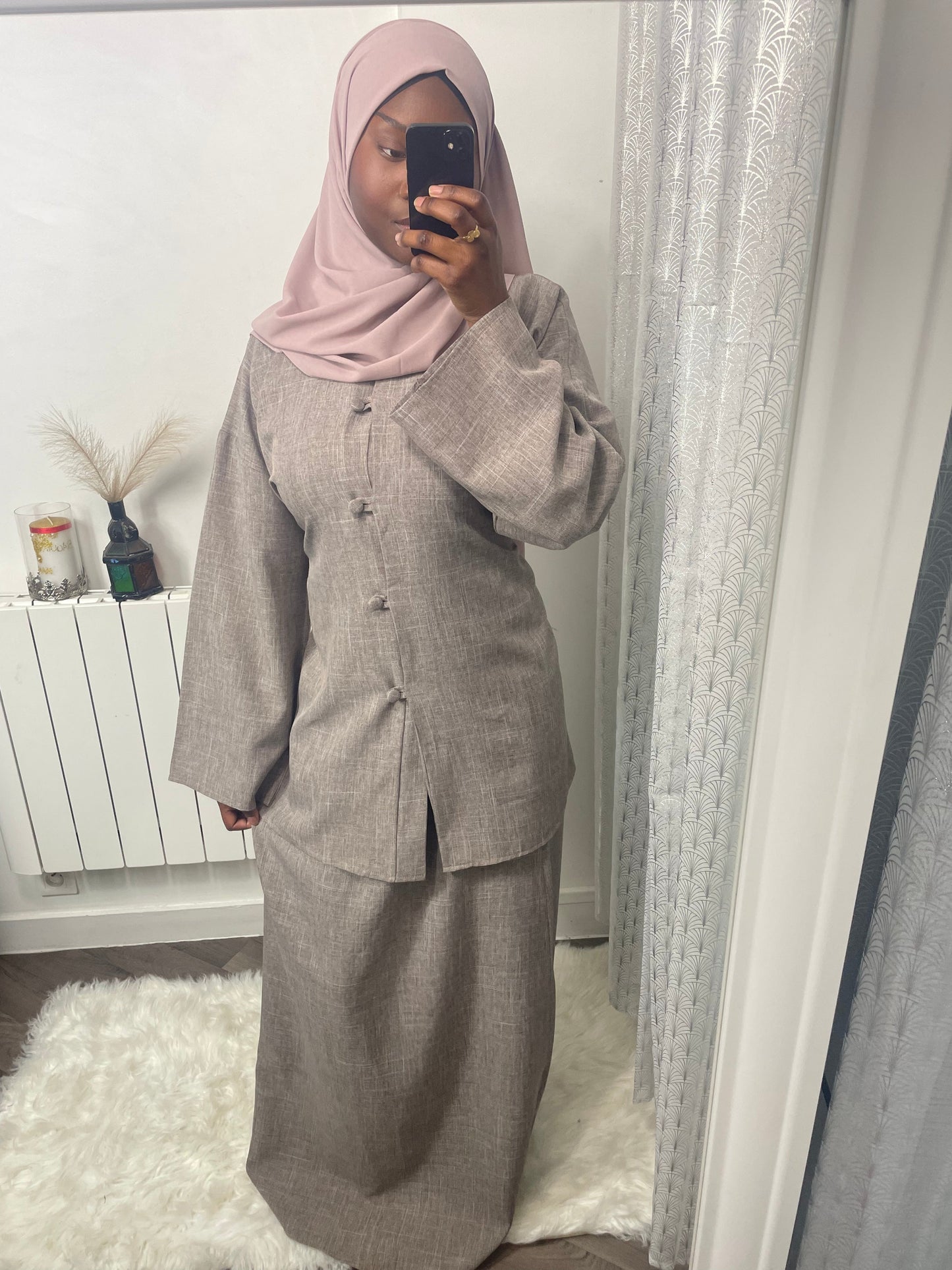 Ensemble Osaka effet lin à bouton jupe marron