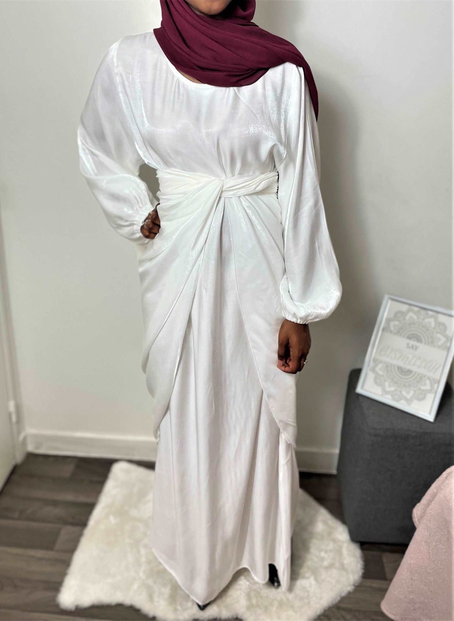 Abaya satin 2 pièces blanc cassé - almoonparis