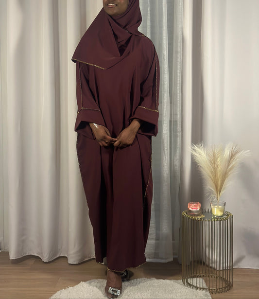 abaya voile intégré soie de médine fil doré bordeau 