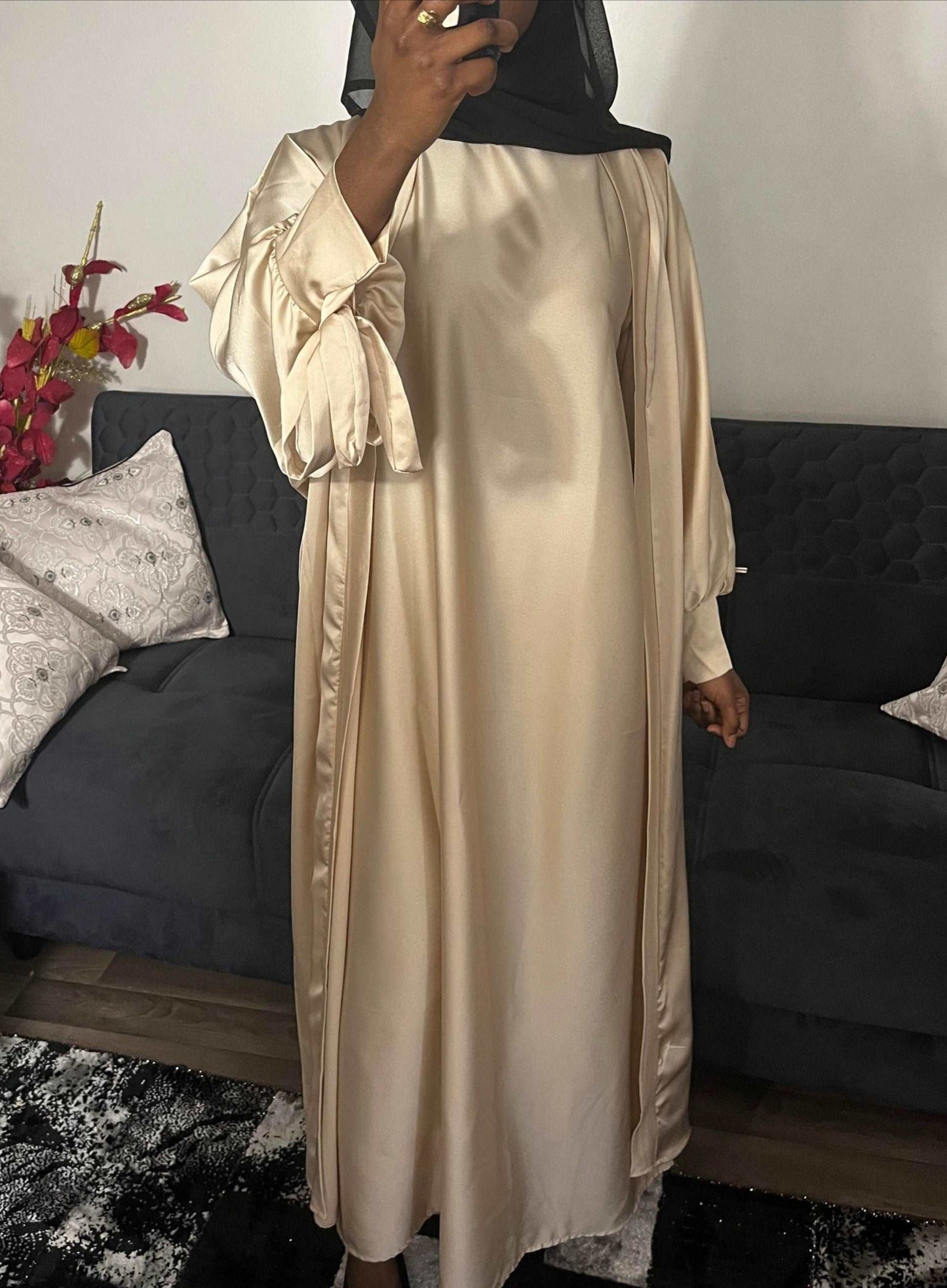 Ensemble kimono abaya satin beige - almoonparis