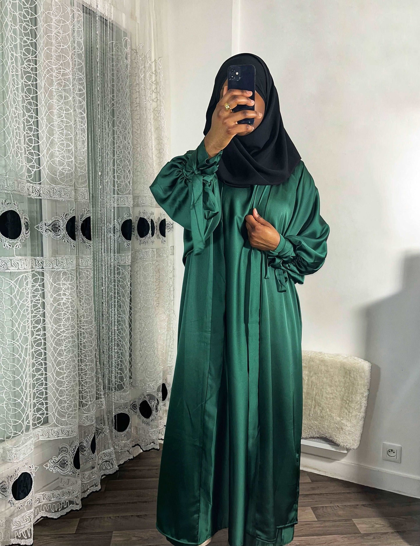 Ensemble kimono abaya satin vert - almoonparis