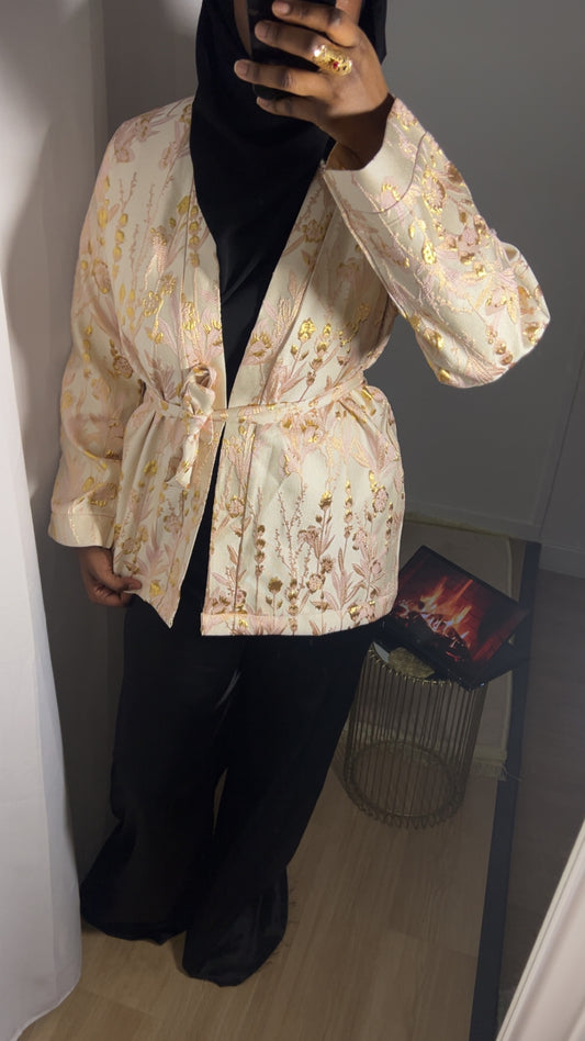 Kimono Brocart court rose poudré - Pièce Unique Artisanale · Al Moon Paris