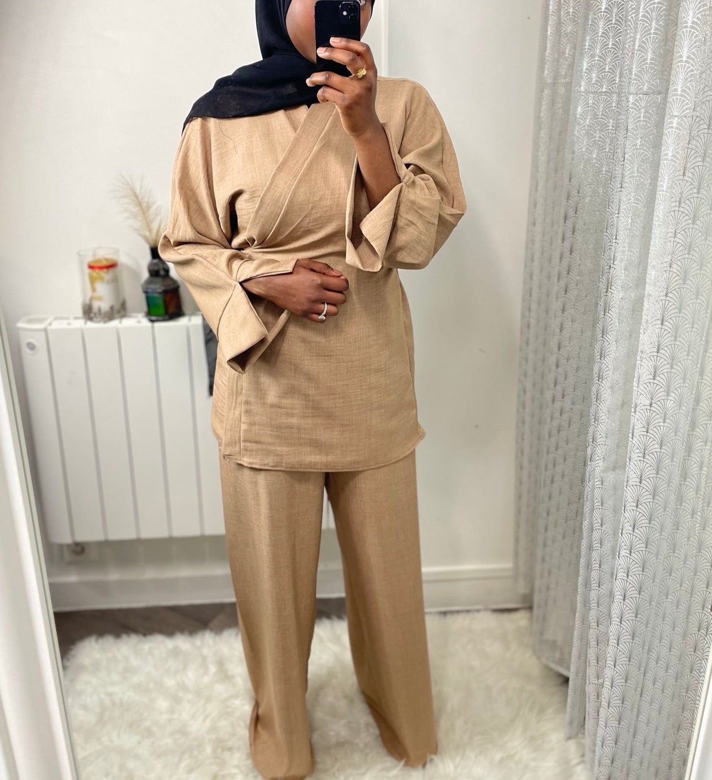 Ensemble Esme effet lin chemisier pantalon camel