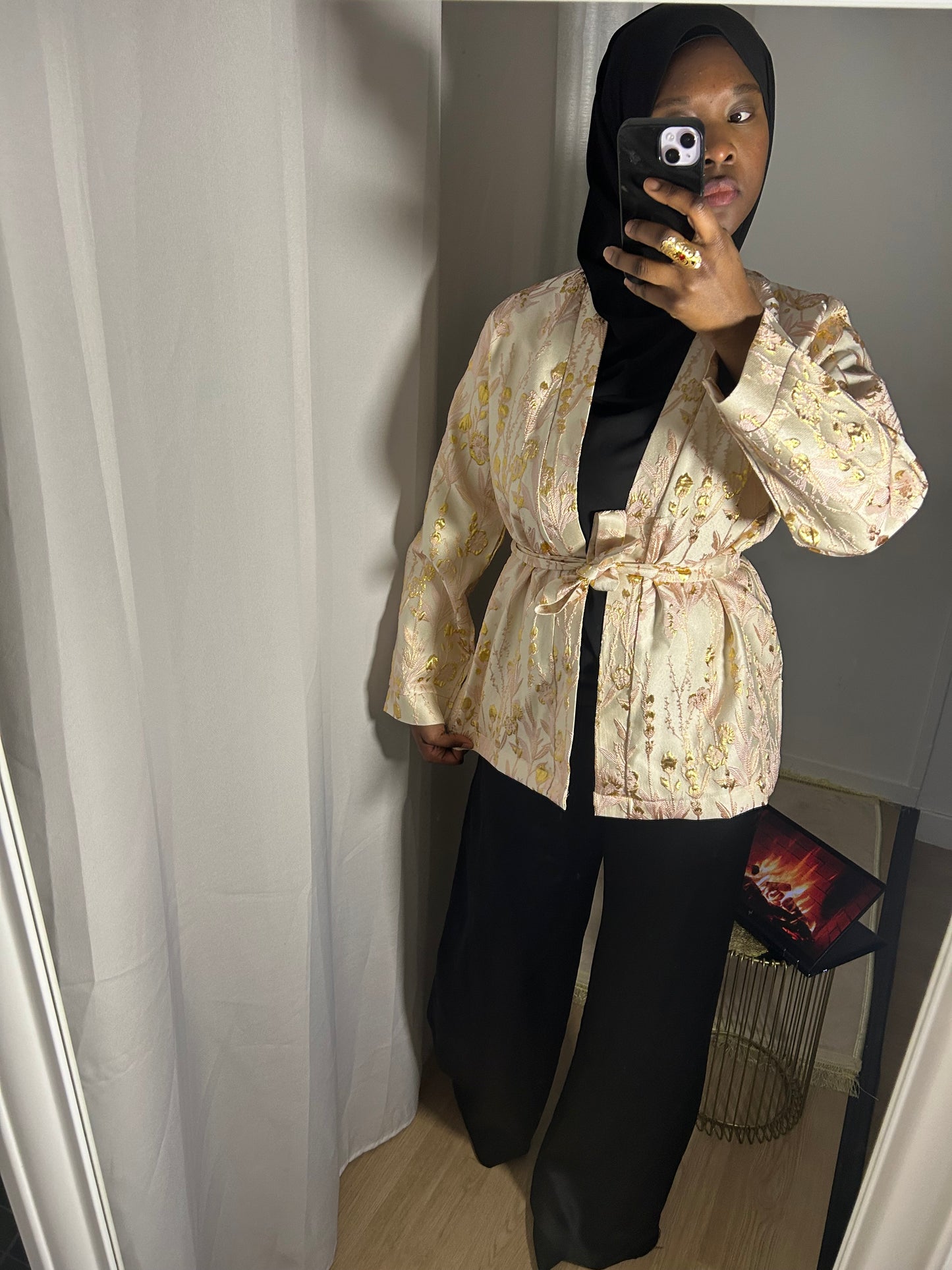 Kimono Brocart court rose poudré - Pièce Unique Artisanale · Al Moon Paris