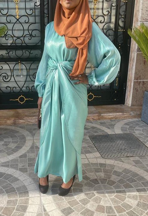 Abaya satin 2 pièces bleu turquoise - almoonparis