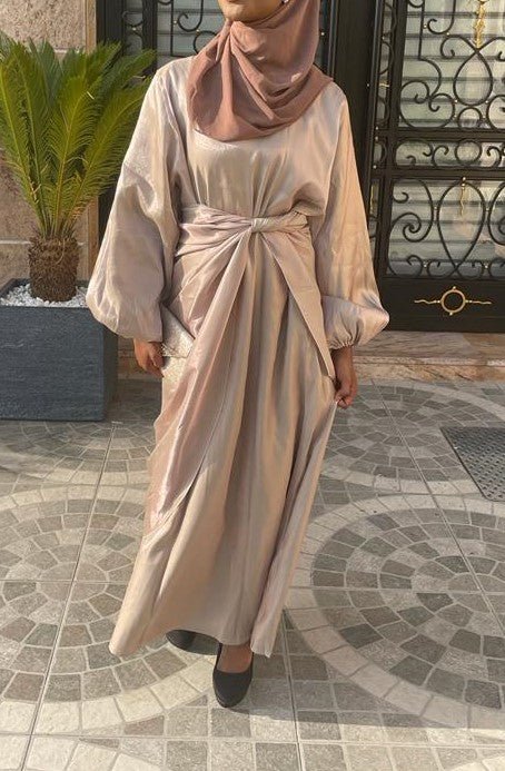 Abaya satin 2 pièces rose - almoonparis