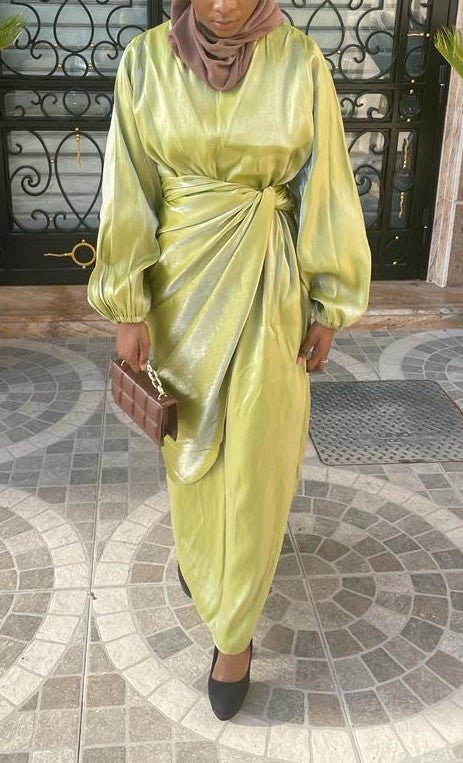 Abaya satin 2 pièces vert lime - almoonparis