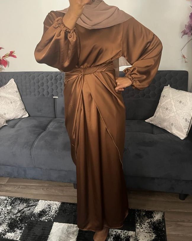 Abaya satiné 2 pièces marron - almoonparis