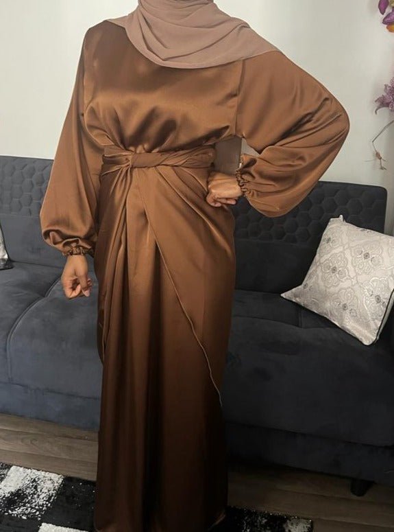 Abaya satiné 2 pièces marron - almoonparis