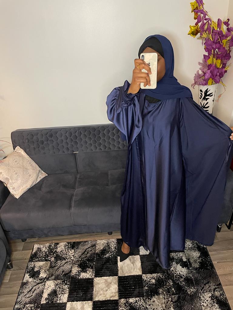 Ensemble kimono abaya satin bleu - almoonparis