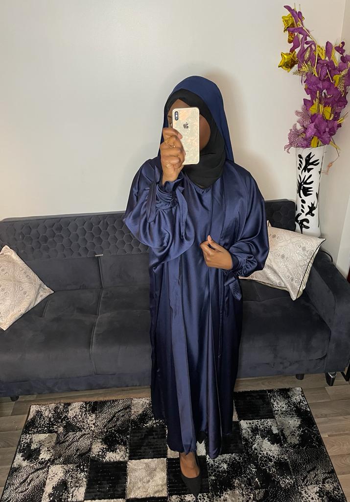 Ensemble kimono abaya satin bleu - almoonparis